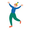Young cheerful dancing man is happy at a party. Male character at party or holiday. April fool day. Happy birthday party flat