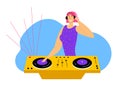 Young Cheerful Dj Girl with Pink Hair and Headphones Remixing Music on Midi Controller at Night Disco Club Party