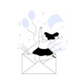 Young cheerful girl jumping out of the from the envelope with the letter.E-mail message, holiday greetings, Valentine`s Day.