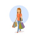 Young cheerful happy cartoon woman walking with shopping bags