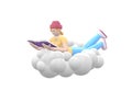 Young cheerful hipster girl in a hat in the sky on a cloud is reading a book. Literature fan in casual colored clothes isolated on