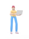 Young cheerful hipster girl in a hat is standing with a laptop in her hands. Positive character in casual colored clothes isolated