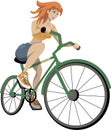 A young cheerful red-haired girl rides a bicycle. The girl smiles. Cartoon