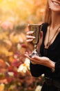 Young cheerful woman in black dress holding vintage metal glass in hands while standing in autumn park Royalty Free Stock Photo