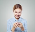 Young cheerful woman cell phone. Happy girl chatting Royalty Free Stock Photo