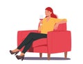Young Cheerful Woman Drink Alcohol at Home or Bar. Female Character Sit on Armchair Holding Wineglass in Hand