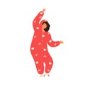 Young cheerful woman in hooded kigurumi dancing at pajama party. Female character having fun in cozy cute homewear. Flat