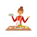 Young cheerful woman making sushi rolls, housewife girl cooking food in the kitchen flat vector Illustration Royalty Free Stock Photo