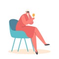 Young Cheerful Woman in Vr Goggles Drink Alcohol Sitting on Chair at Home or Bar. Female Character Holding Wineglass