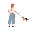 Young cheerful woman walking dog on leash. Female character with defecating puppy outdoors. Scene of owner and pooping