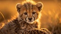 a young cheetah is sitting in the grass looking at the camera. generative ai Royalty Free Stock Photo