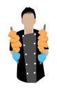 Young chef cook holds in his hands gloves skewered meat skewers. Assistant in a black cooks suit to the waist. For