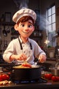 young chef cooking italian spaghetti in a traditional kitchen