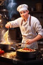 young chef cooking italian spaghetti in a traditional kitchen