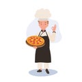 Young Chef Showing OK Sign. Happy Chef Doing OK Hand Sign and holding homemade pizza on tray in other hand