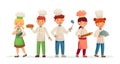 Young chefs. Happy children cooks, kids cooking and baking in chef costume cartoon vector illustration