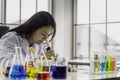 Young chemist woman looking through microscope, working at the laboratory, chemical testing in lab, concept for improving safety Royalty Free Stock Photo
