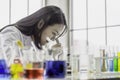 Young chemist woman looking through microscope, working at the laboratory, chemical testing in lab, concept for improving safety Royalty Free Stock Photo