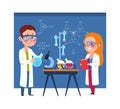 Young chemists. Children put chemical experiments, girl boy wear white coats and using medical equipment vector