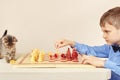 Young chessplayer with pretty kitten plays chess. Royalty Free Stock Photo