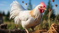 Young chicken standing in green meadow, growing on organic farm generated by AI