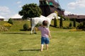 A young child boy of 3 years in a striped T-shirt barefoot on the grass goes to a white horse. Summer sunny childhood