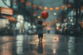 Little Boy Holding Red Balloon in the Rain. Generative AI. Royalty Free Stock Photo