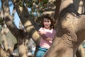 Young child climbing tree. Happy child playing in the garden climbing on the tree. Royalty Free Stock Photo
