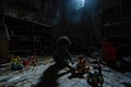 A young child engages with various toys in a dimly lit room, A spectral child playing with antique toys in a darkened, abandoned