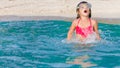 young child girl snorkelling in mask on tropical beach background