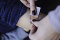 Young child having bandaid plaster bandage on leg