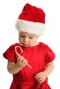 Young child holding and looking at a candy cane Royalty Free Stock Photo