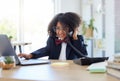 Young child, playing office and phone call with laptop for networking, contact or communication. Girl, smile and Royalty Free Stock Photo