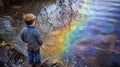 A young child stands by a riverbank watching as a rainbow sheen spreads across the waters surface. The source of the