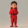 Little Boy in Red Snowsuit With Hands in Pockets