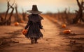 little child walking on road with pumpkins in a helloween costume Royalty Free Stock Photo