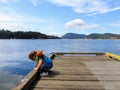 A young child wearing her life jacket on a dock looking for fish with a beautiful scenic background behind her. Royalty Free Stock Photo