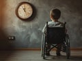 A young child in a wheelchair gazes at a prominent clock, World Cancer Day