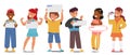 Young Children Characters Proudly Clutching Their Personalized Name Plates, Beaming With Excitement, Vector Illustration