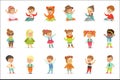 Young Children Dressed In Cute Kids Fashion Clothes, Series Of Illustrations With Kids And Style