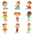 Young Children Dressed In Cute Kids Fashion Clothes, Set Of Illustrations With Kids And Style Royalty Free Stock Photo