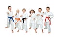 Young children in kimono perform techniques karate on a white background Royalty Free Stock Photo