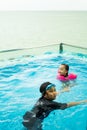 Young children in the pool. Kids having fun in swimming pool.  Wearing goggles on forehead on summer vacation Royalty Free Stock Photo