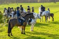 Young children sat on horses in an English countryside setting, waiting for the fox hunt to begin Royalty Free Stock Photo