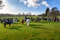 Young children sat on horses in an English countryside setting, waiting for the fox hunt to begin Royalty Free Stock Photo