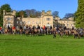 Young children sat on horses in an English countryside setting, waiting for the fox hunt to begin Royalty Free Stock Photo