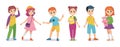 Young children. Student characters, boys and girls study, education in kindergarten and school, teen group, teenagers Royalty Free Stock Photo