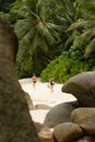 Young children walk together under palm trees, at tropcial sandy beach behind huge rocks Royalty Free Stock Photo