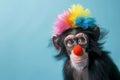 the young chimp is wearing a colorful clown wig on his head