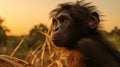 Chimpanzee Watching Sunset In Epic Portraiture Style